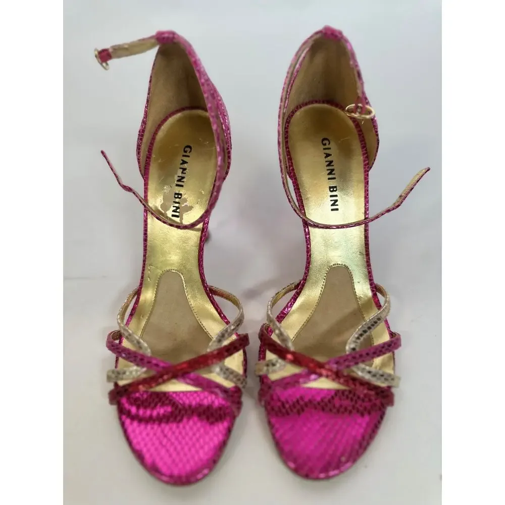 Gianni Bini Fuchsia Metallic Sandals Size 7 Snake Embossed Stiletto Heels